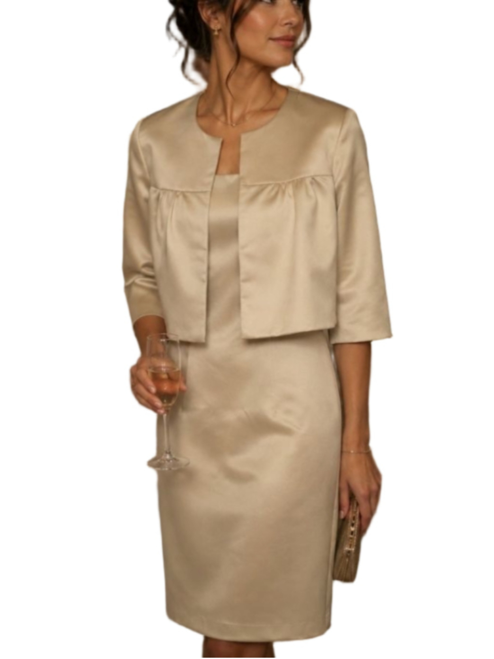 Vintage 90s Alfred Sung Palomino Satin Sheath Dress & Cropped Jacket Set Sz 12